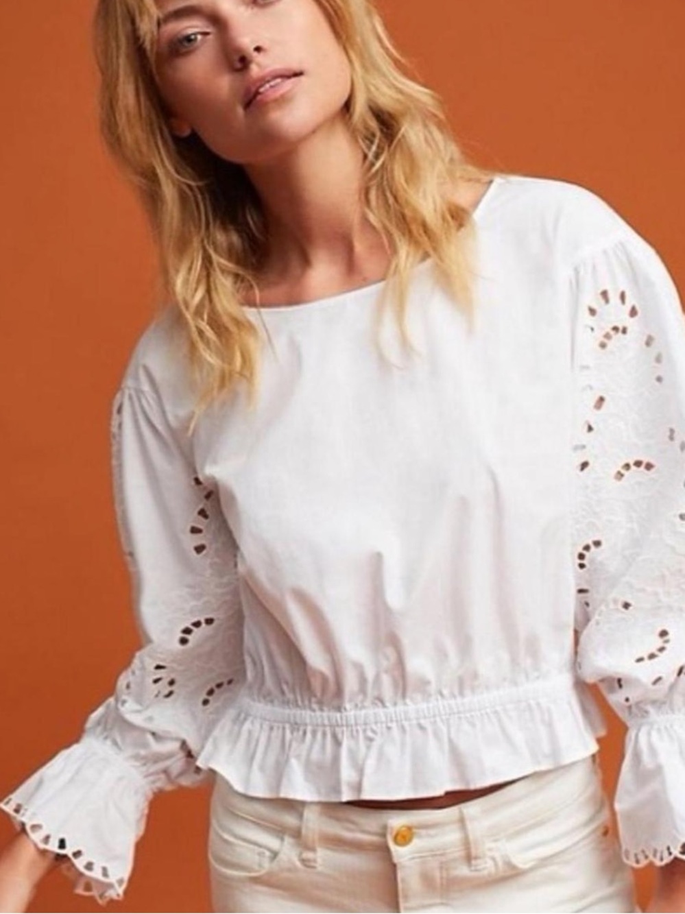 EUC Anthropologie Maeve Marigot Poplin
White Eyelet Ruffle Boho Blouse Small